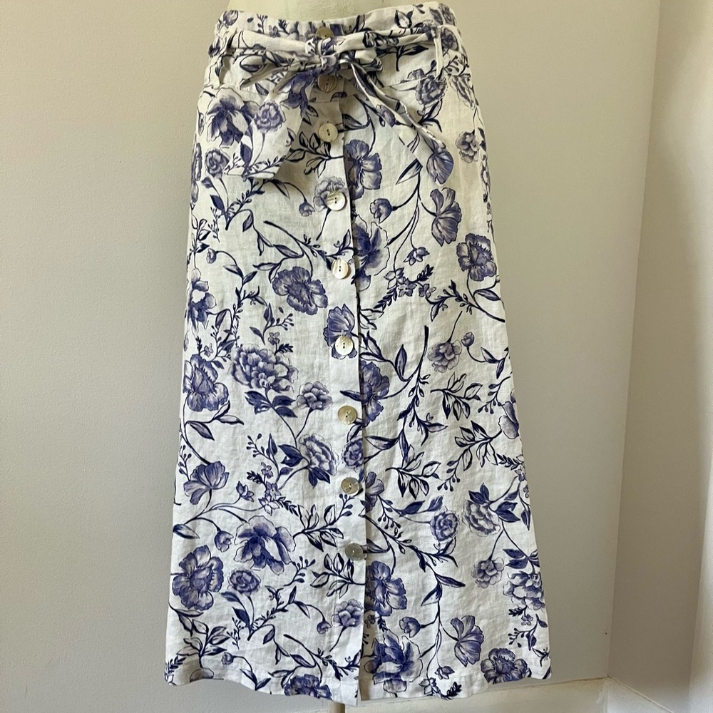 Cynthia Rowley Skirt Floral Print Button Front Linen Size Small